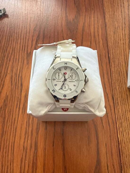 Michele Accessories - MICHELE Womens Tahitian Watch 39mm Silver, Stainless Steel, White Silicone Strap